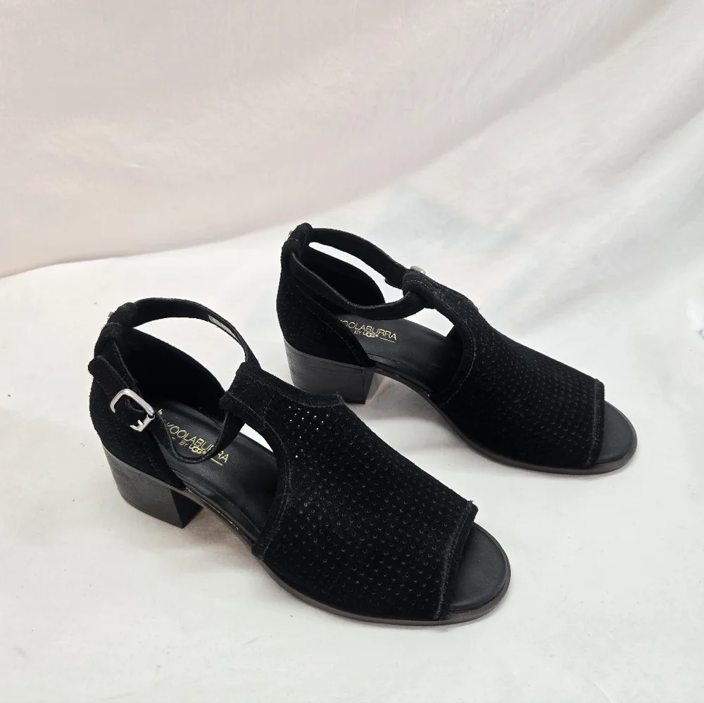 Koolaburra By UGG Women's 9 Black Ashlyn Suede Heeled Peep Toe Sandals Shoes - Picture 2 of 6